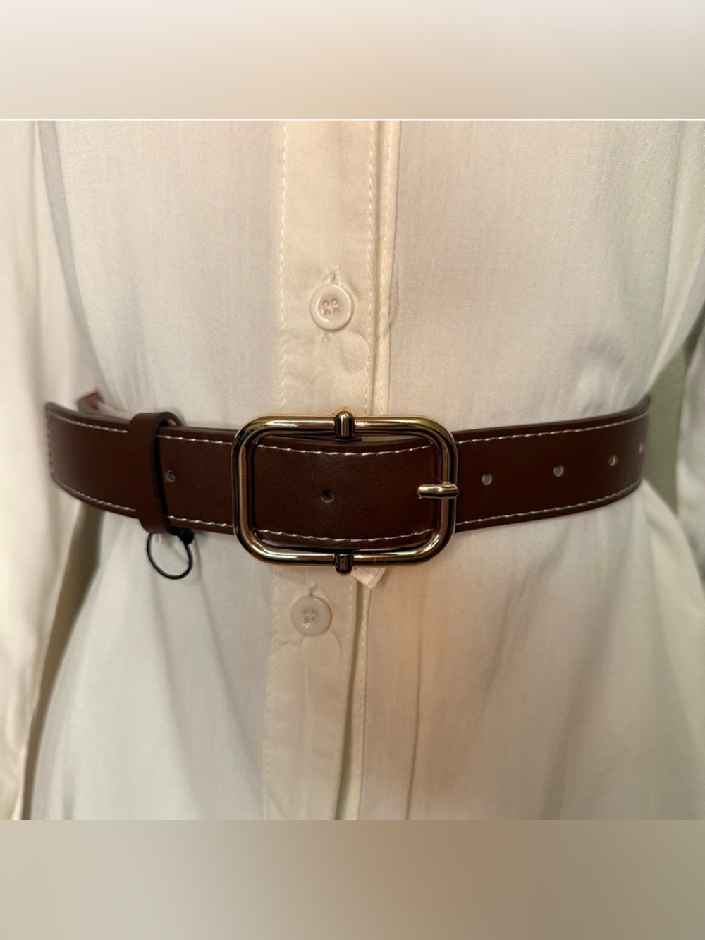 Dark brown PU leather skinny belt with gold tone square buckle